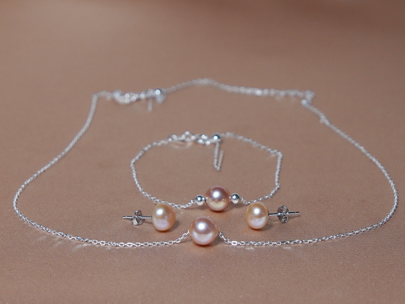 Stříbrný set s pravými růžovými perlami AAA NB123SpU Stříbrný set s pravými růžovými perlami AAA NB123SpU