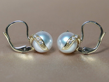 Zlaté náušnice 14K s perlami Jižního Pacifiku a brilianty BC05YE-W